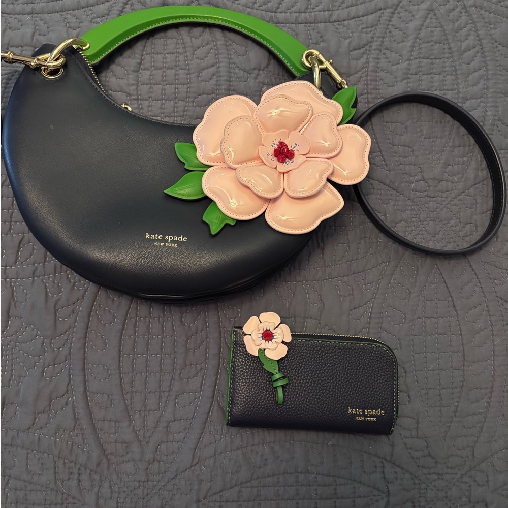 Kate Spade Navy and Pink Floral Shoulder Bag with matching wallet.
